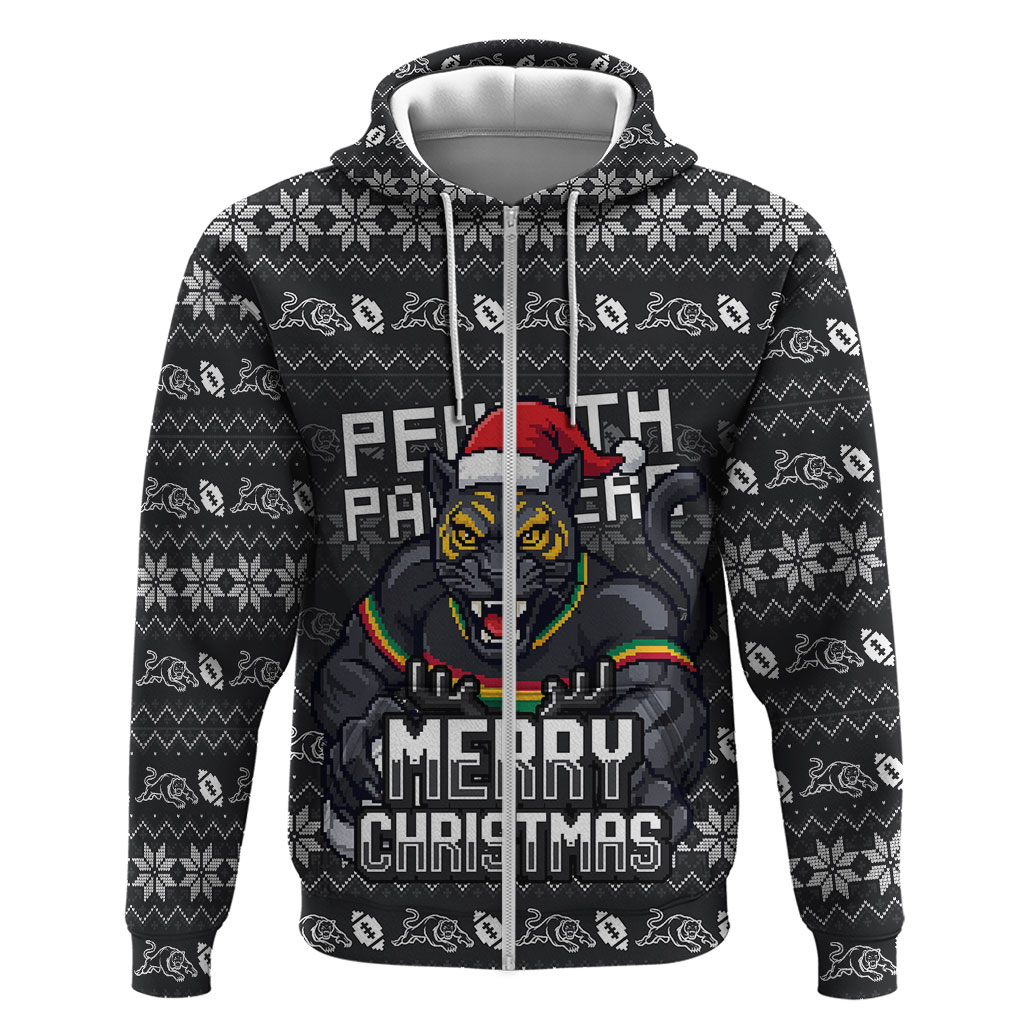 Personalized Penrith Panthers Christmas Zip Hoodie Australian Rugby Fans - Pixelated Ugly Xmas Pattern Mascot Santa
