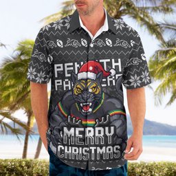 Personalized Penrith Panthers Christmas Hawaiian Shirt Australian Rugby Fans - Pixelated Ugly Xmas Pattern Mascot Santa