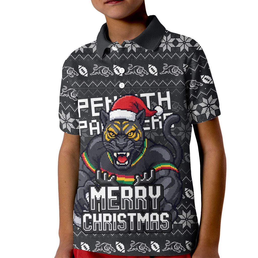 Personalized Penrith Panthers Christmas Kid Polo Shirt Australian Rugby Fans - Pixelated Ugly Xmas Pattern Mascot Santa