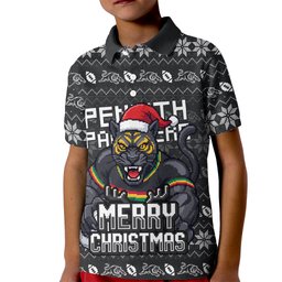 Personalized Penrith Panthers Christmas Kid Polo Shirt Australian Rugby Fans - Pixelated Ugly Xmas Pattern Mascot Santa