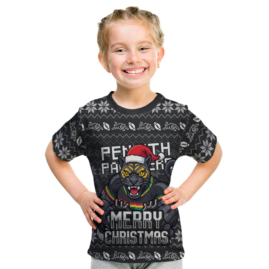 Personalized Penrith Panthers Christmas Kid T Shirt Australian Rugby Fans - Pixelated Ugly Xmas Pattern Mascot Santa