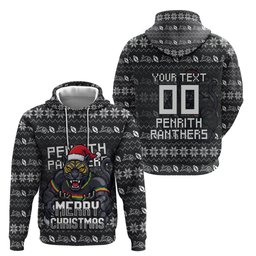 Personalized Penrith Panthers Christmas Hoodie Australian Rugby Fans - Pixelated Ugly Xmas Pattern Mascot Santa