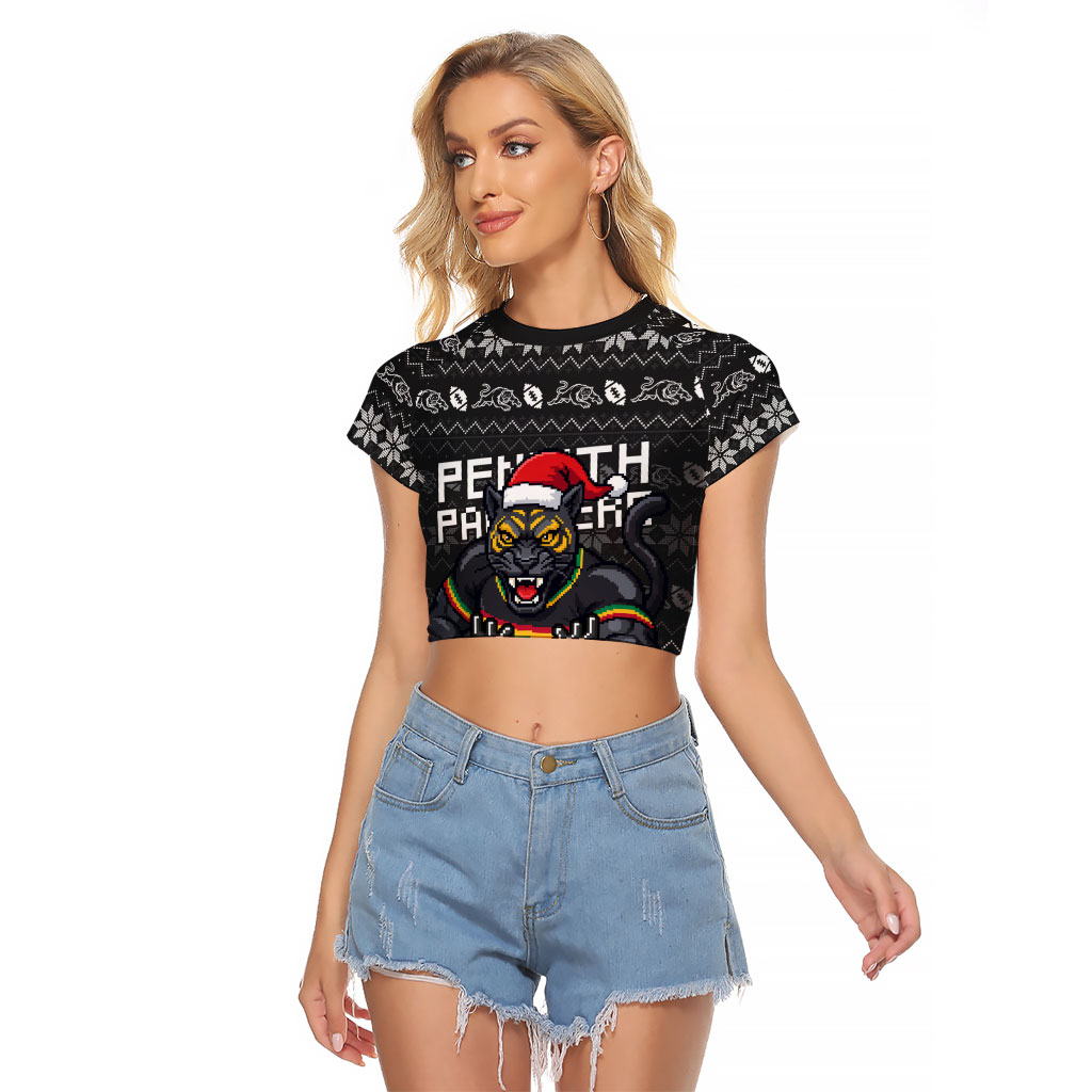 Personalized Penrith Panthers Christmas Raglan Cropped T Shirt Australian Rugby Fans - Pixelated Ugly Xmas Pattern Mascot Santa