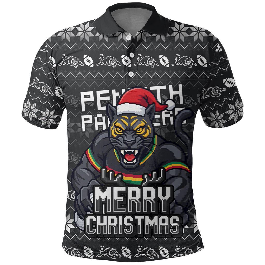 Personalized Penrith Panthers Christmas Polo Shirt Australian Rugby Fans - Pixelated Ugly Xmas Pattern Mascot Santa