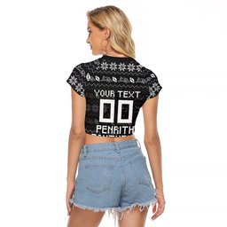 Personalized Penrith Panthers Christmas Raglan Cropped T Shirt Australian Rugby Fans - Pixelated Ugly Xmas Pattern Mascot Santa