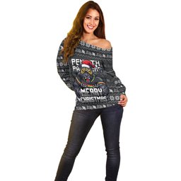 Personalized Penrith Panthers Christmas Off Shoulder Sweater Australian Rugby Fans - Pixelated Ugly Xmas Pattern Mascot Santa