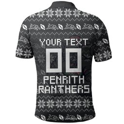 Personalized Penrith Panthers Christmas Polo Shirt Australian Rugby Fans - Pixelated Ugly Xmas Pattern Mascot Santa
