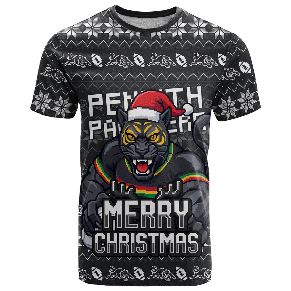 Personalized Penrith Panthers Christmas T Shirt Australian Rugby Fans - Pixelated Ugly Xmas Pattern Mascot Santa