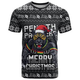 Personalized Penrith Panthers Christmas T Shirt Australian Rugby Fans - Pixelated Ugly Xmas Pattern Mascot Santa