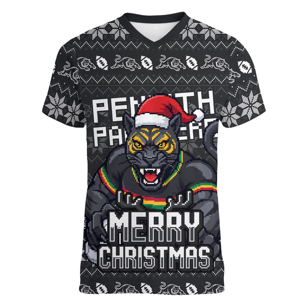 Personalized Penrith Panthers Christmas Women V-Neck T-Shirt Australian Rugby Fans - Pixelated Ugly Xmas Pattern Mascot Santa