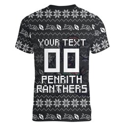 Personalized Penrith Panthers Christmas Women V-Neck T-Shirt Australian Rugby Fans - Pixelated Ugly Xmas Pattern Mascot Santa