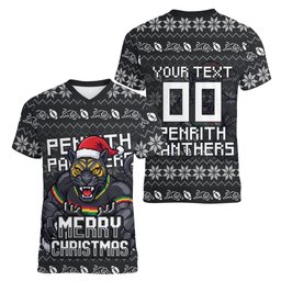 Personalized Penrith Panthers Christmas Women V-Neck T-Shirt Australian Rugby Fans - Pixelated Ugly Xmas Pattern Mascot Santa