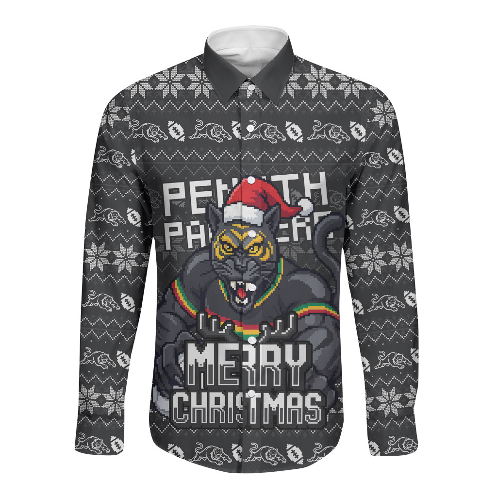 Personalized Penrith Panthers Christmas Long Sleeve Button Shirt Australian Rugby Fans - Pixelated Ugly Xmas Pattern Mascot Santa