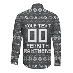 Personalized Penrith Panthers Christmas Long Sleeve Button Shirt Australian Rugby Fans - Pixelated Ugly Xmas Pattern Mascot Santa