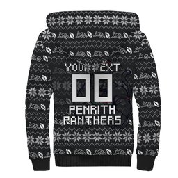 Personalized Penrith Panthers Christmas Sherpa Hoodie Australian Rugby Fans - Pixelated Ugly Xmas Pattern Mascot Santa