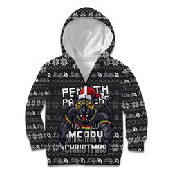 Personalized Penrith Panthers Christmas Kid Hoodie Australian Rugby Fans - Pixelated Ugly Xmas Pattern Mascot Santa