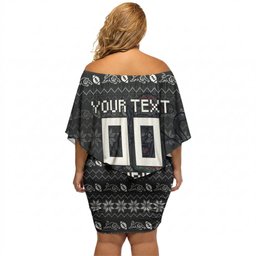 Personalized Penrith Panthers Christmas Off Shoulder Short Dress Australian Rugby Fans - Pixelated Ugly Xmas Pattern Mascot Santa