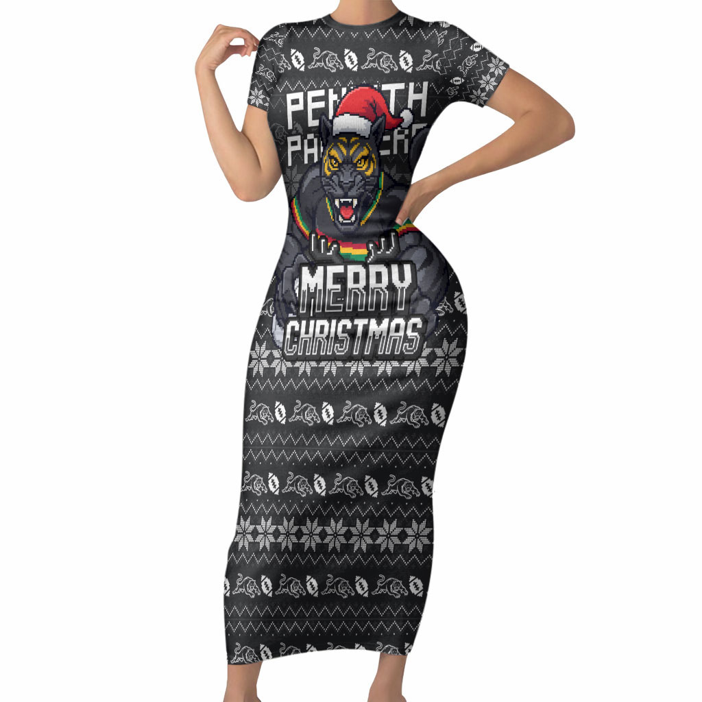 Personalized Penrith Panthers Christmas Short Sleeve Bodycon Dress Australian Rugby Fans - Pixelated Ugly Xmas Pattern Mascot Santa
