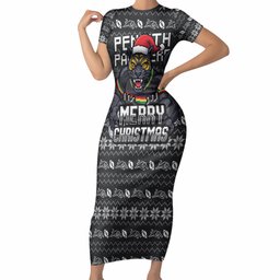 Personalized Penrith Panthers Christmas Short Sleeve Bodycon Dress Australian Rugby Fans - Pixelated Ugly Xmas Pattern Mascot Santa