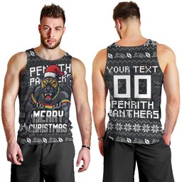 Personalized Penrith Panthers Christmas Men Tank Top Australian Rugby Fans - Pixelated Ugly Xmas Pattern Mascot Santa
