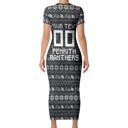 Personalized Penrith Panthers Christmas Short Sleeve Bodycon Dress Australian Rugby Fans - Pixelated Ugly Xmas Pattern Mascot Santa