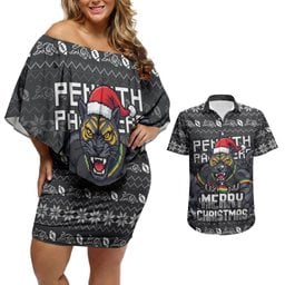 Personalized Penrith Panthers Christmas Couples Matching Off Shoulder Short Dress and Hawaiian Shirt Australian Rugby Fans - Pixelated Ugly Xmas Pattern Mascot Santa