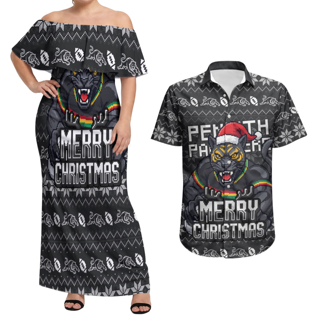 Personalized Penrith Panthers Christmas Couples Matching Off Shoulder Maxi Dress and Hawaiian Shirt Australian Rugby Fans - Pixelated Ugly Xmas Pattern Mascot Santa