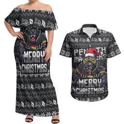 Personalized Penrith Panthers Christmas Couples Matching Off Shoulder Maxi Dress and Hawaiian Shirt Australian Rugby Fans - Pixelated Ugly Xmas Pattern Mascot Santa