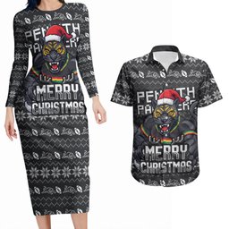 Personalized Penrith Panthers Christmas Couples Matching Long Sleeve Bodycon Dress and Hawaiian Shirt Australian Rugby Fans - Pixelated Ugly Xmas Pattern Mascot Santa