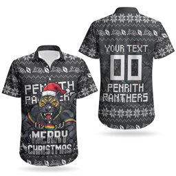 Personalized Penrith Panthers Christmas Couples Matching Off Shoulder Maxi Dress and Hawaiian Shirt Australian Rugby Fans - Pixelated Ugly Xmas Pattern Mascot Santa