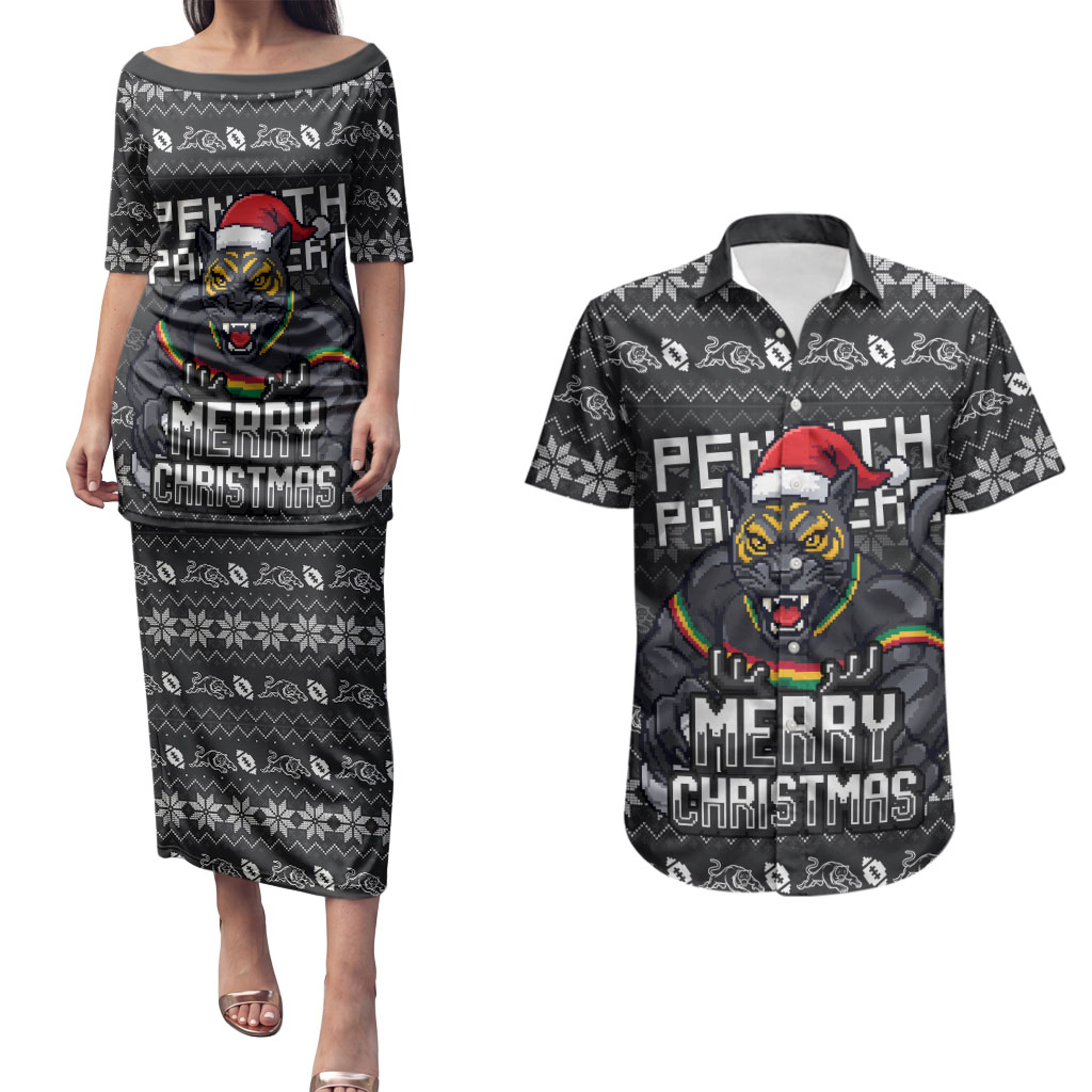 Personalized Penrith Panthers Christmas Couples Matching Puletasi and Hawaiian Shirt Australian Rugby Fans - Pixelated Ugly Xmas Pattern Mascot Santa