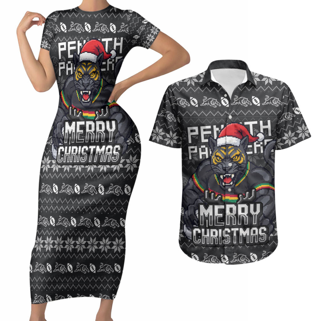 Personalized Penrith Panthers Christmas Couples Matching Short Sleeve Bodycon Dress and Hawaiian Shirt Australian Rugby Fans - Pixelated Ugly Xmas Pattern Mascot Santa