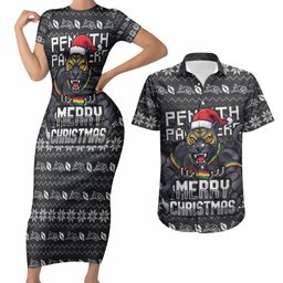 Personalized Penrith Panthers Christmas Couples Matching Short Sleeve Bodycon Dress and Hawaiian Shirt Australian Rugby Fans - Pixelated Ugly Xmas Pattern Mascot Santa