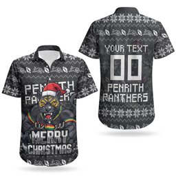 Personalized Penrith Panthers Christmas Couples Matching Short Sleeve Bodycon Dress and Hawaiian Shirt Australian Rugby Fans - Pixelated Ugly Xmas Pattern Mascot Santa