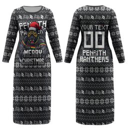 Personalized Penrith Panthers Christmas Couples Matching Long Sleeve Bodycon Dress and Hawaiian Shirt Australian Rugby Fans - Pixelated Ugly Xmas Pattern Mascot Santa