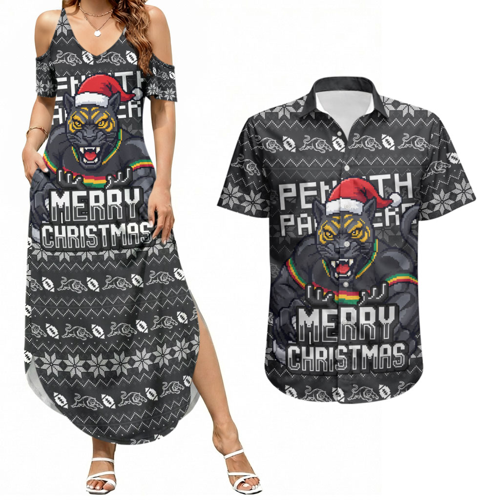 Personalized Penrith Panthers Christmas Couples Matching Summer Maxi Dress and Hawaiian Shirt Australian Rugby Fans - Pixelated Ugly Xmas Pattern Mascot Santa