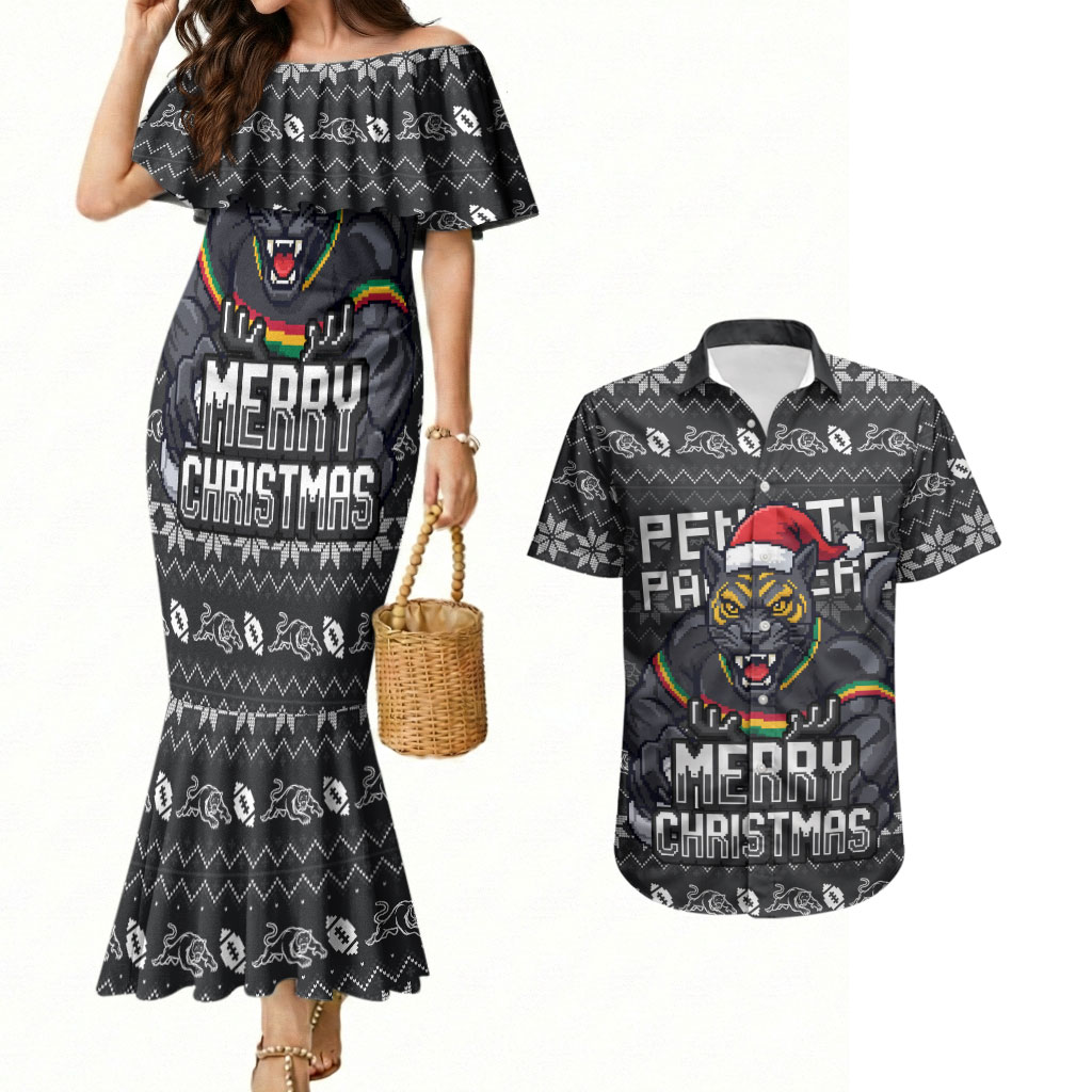Personalized Penrith Panthers Christmas Couples Matching Mermaid Dress and Hawaiian Shirt Australian Rugby Fans - Pixelated Ugly Xmas Pattern Mascot Santa