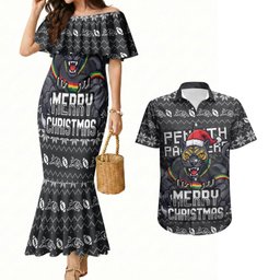 Personalized Penrith Panthers Christmas Couples Matching Mermaid Dress and Hawaiian Shirt Australian Rugby Fans - Pixelated Ugly Xmas Pattern Mascot Santa