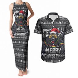 Personalized Penrith Panthers Christmas Couples Matching Tank Maxi Dress and Hawaiian Shirt Australian Rugby Fans - Pixelated Ugly Xmas Pattern Mascot Santa