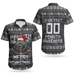 Personalized Penrith Panthers Christmas Couples Matching Mermaid Dress and Hawaiian Shirt Australian Rugby Fans - Pixelated Ugly Xmas Pattern Mascot Santa