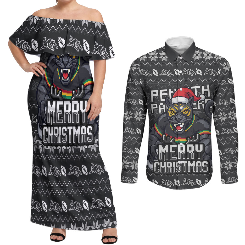 Personalized Penrith Panthers Christmas Couples Matching Off Shoulder Maxi Dress and Long Sleeve Button Shirt Australian Rugby Fans - Pixelated Ugly Xmas Pattern Mascot Santa