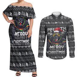 Personalized Penrith Panthers Christmas Couples Matching Off Shoulder Maxi Dress and Long Sleeve Button Shirt Australian Rugby Fans - Pixelated Ugly Xmas Pattern Mascot Santa