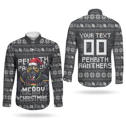 Personalized Penrith Panthers Christmas Couples Matching Off Shoulder Short Dress and Long Sleeve Button Shirt Australian Rugby Fans - Pixelated Ugly Xmas Pattern Mascot Santa