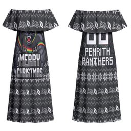 Personalized Penrith Panthers Christmas Couples Matching Off Shoulder Maxi Dress and Long Sleeve Button Shirt Australian Rugby Fans - Pixelated Ugly Xmas Pattern Mascot Santa