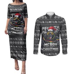 Personalized Penrith Panthers Christmas Couples Matching Puletasi and Long Sleeve Button Shirt Australian Rugby Fans - Pixelated Ugly Xmas Pattern Mascot Santa