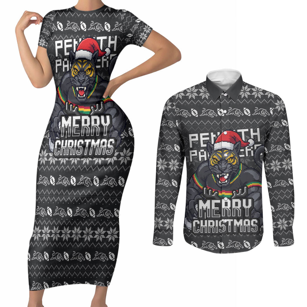Personalized Penrith Panthers Christmas Couples Matching Short Sleeve Bodycon Dress and Long Sleeve Button Shirt Australian Rugby Fans - Pixelated Ugly Xmas Pattern Mascot Santa