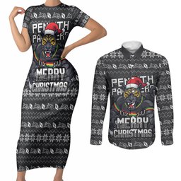 Personalized Penrith Panthers Christmas Couples Matching Short Sleeve Bodycon Dress and Long Sleeve Button Shirt Australian Rugby Fans - Pixelated Ugly Xmas Pattern Mascot Santa