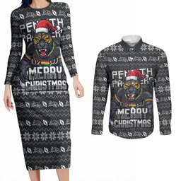 Personalized Penrith Panthers Christmas Couples Matching Long Sleeve Bodycon Dress and Long Sleeve Button Shirt Australian Rugby Fans - Pixelated Ugly Xmas Pattern Mascot Santa