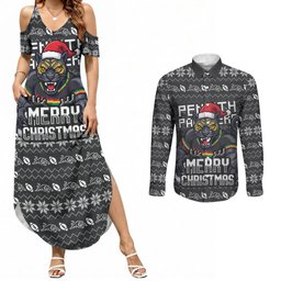 Personalized Penrith Panthers Christmas Couples Matching Summer Maxi Dress and Long Sleeve Button Shirt Australian Rugby Fans - Pixelated Ugly Xmas Pattern Mascot Santa