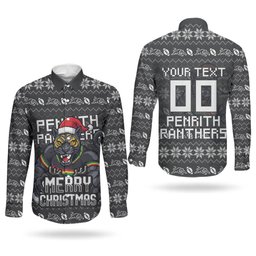 Personalized Penrith Panthers Christmas Couples Matching Short Sleeve Bodycon Dress and Long Sleeve Button Shirt Australian Rugby Fans - Pixelated Ugly Xmas Pattern Mascot Santa